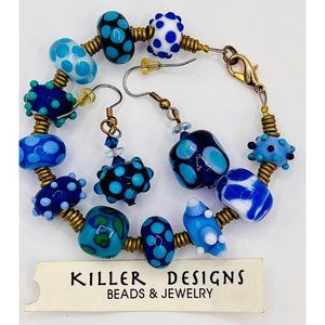 Killer Design | Blue Multicolor Fused Glass Bracelet and Dangly Earrings | NEW
